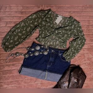 Floral Green Blouse and Denim Skirt Set